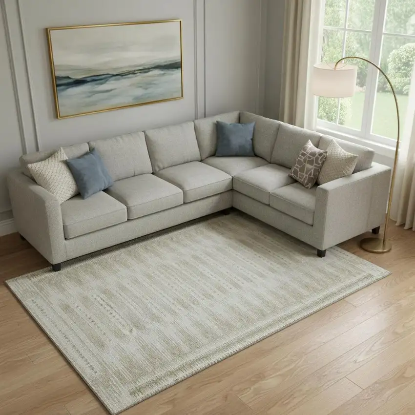 Khaki And Beige Geometric Washable Area Rug With UV Protection Photo 2