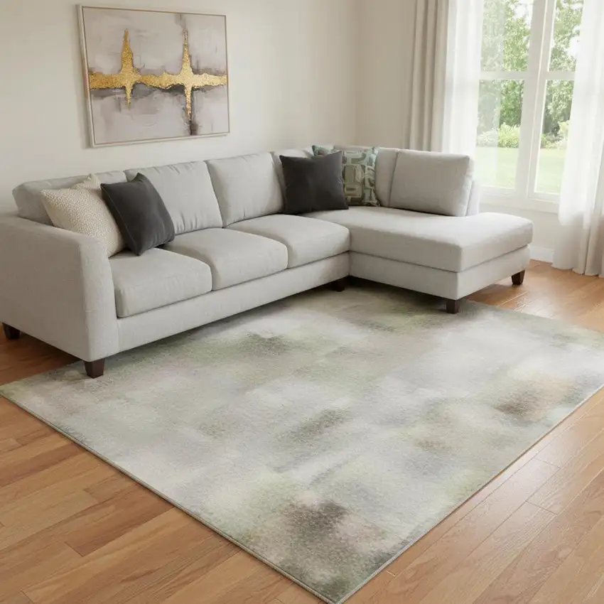 Khaki And Beige Geometric Washable Area Rug With UV Protection Photo 2