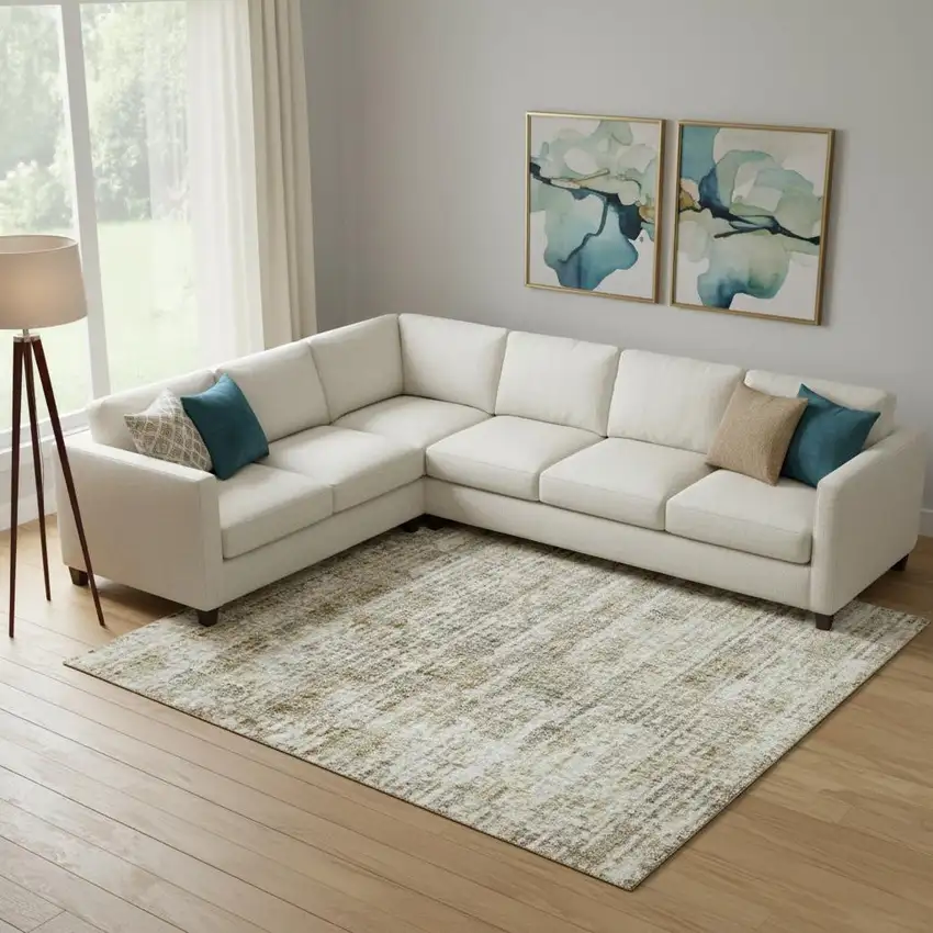 Khaki And Beige Geometric Washable Area Rug With UV Protection Photo 2