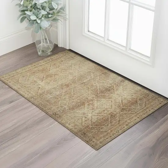 Khaki And Beige Geometric Washable Area Rug With UV Protection Photo 2