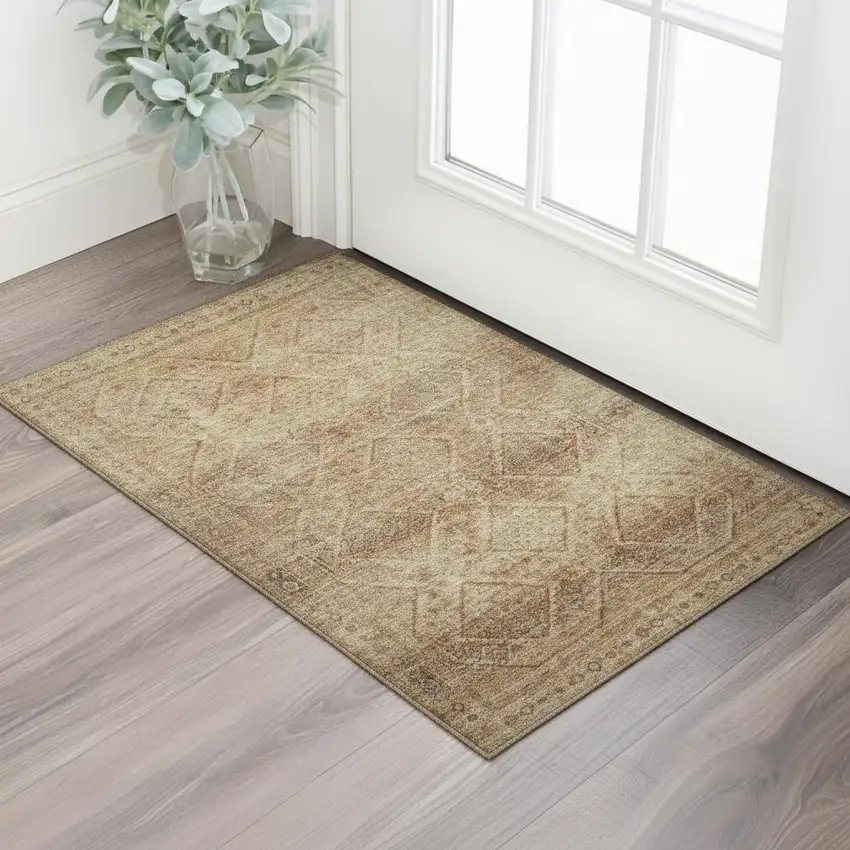 Khaki And Beige Geometric Washable Area Rug With UV Protection Photo 2