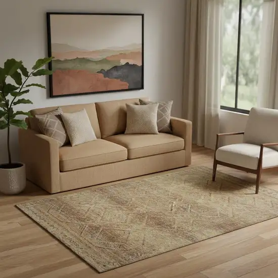 Khaki And Beige Geometric Washable Area Rug With UV Protection Photo 2