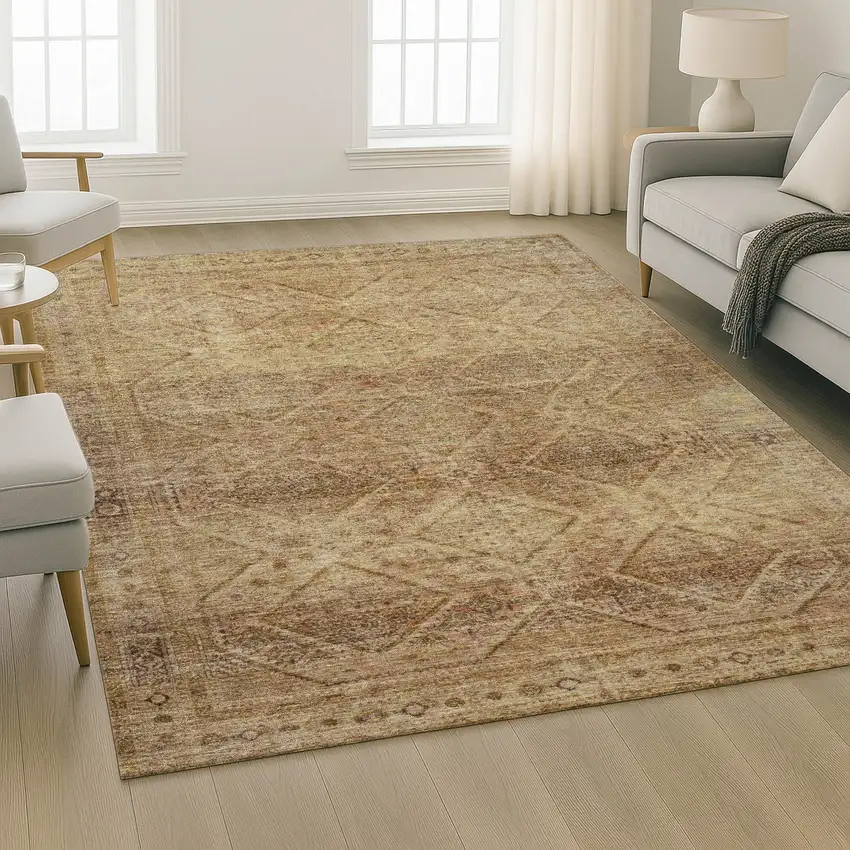 Khaki And Beige Geometric Washable Area Rug With UV Protection Photo 6
