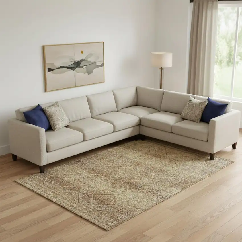 Khaki And Beige Geometric Washable Area Rug With UV Protection Photo 2