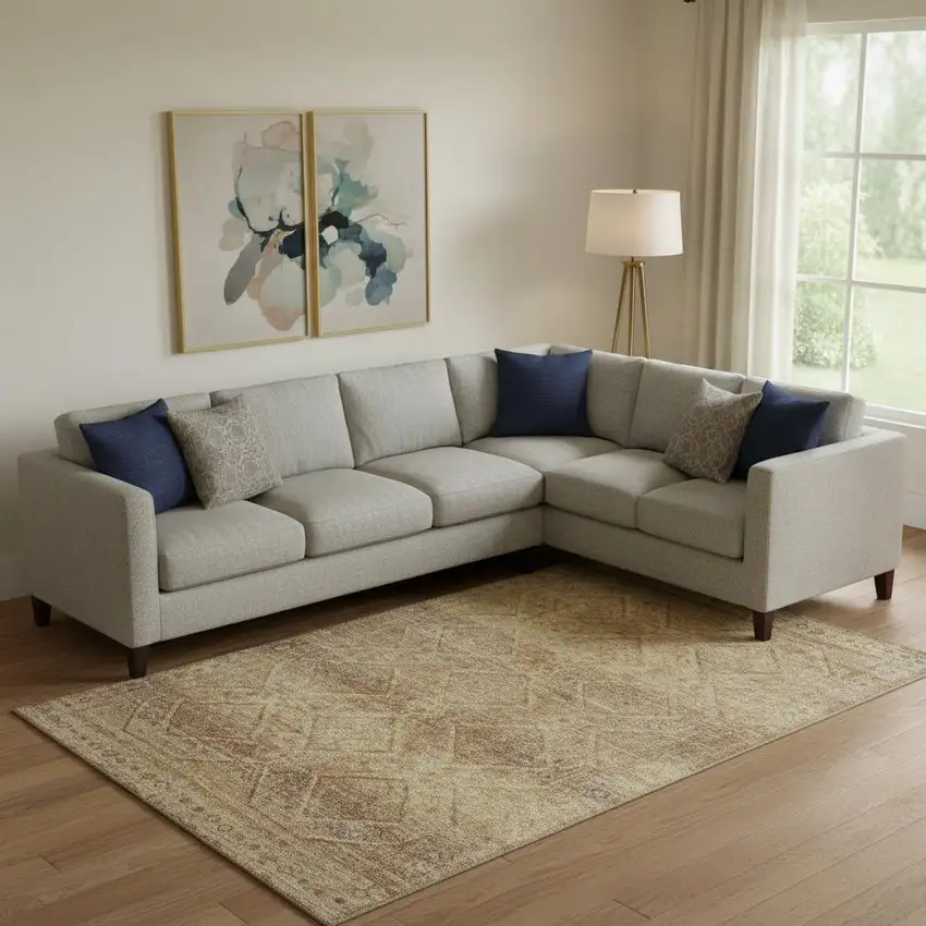 Khaki And Beige Geometric Washable Area Rug With UV Protection Photo 2