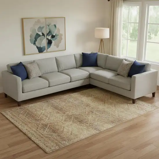 Khaki And Beige Geometric Washable Area Rug With UV Protection Photo 2