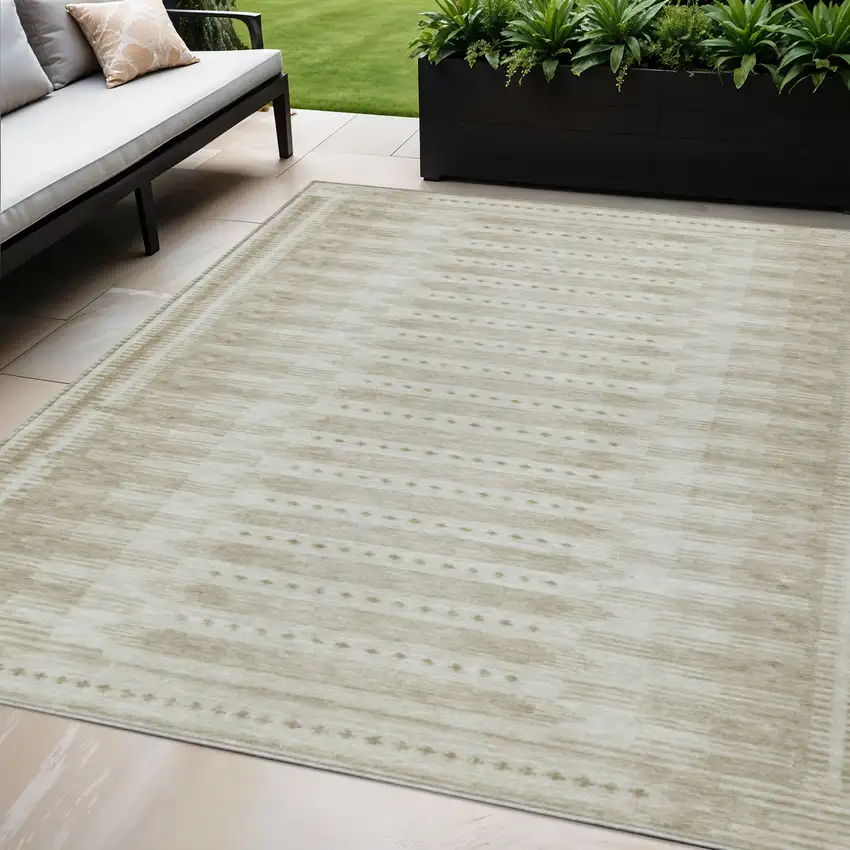 Khaki And Beige Geometric Washable Indoor Outdoor Area Rug Photo 2