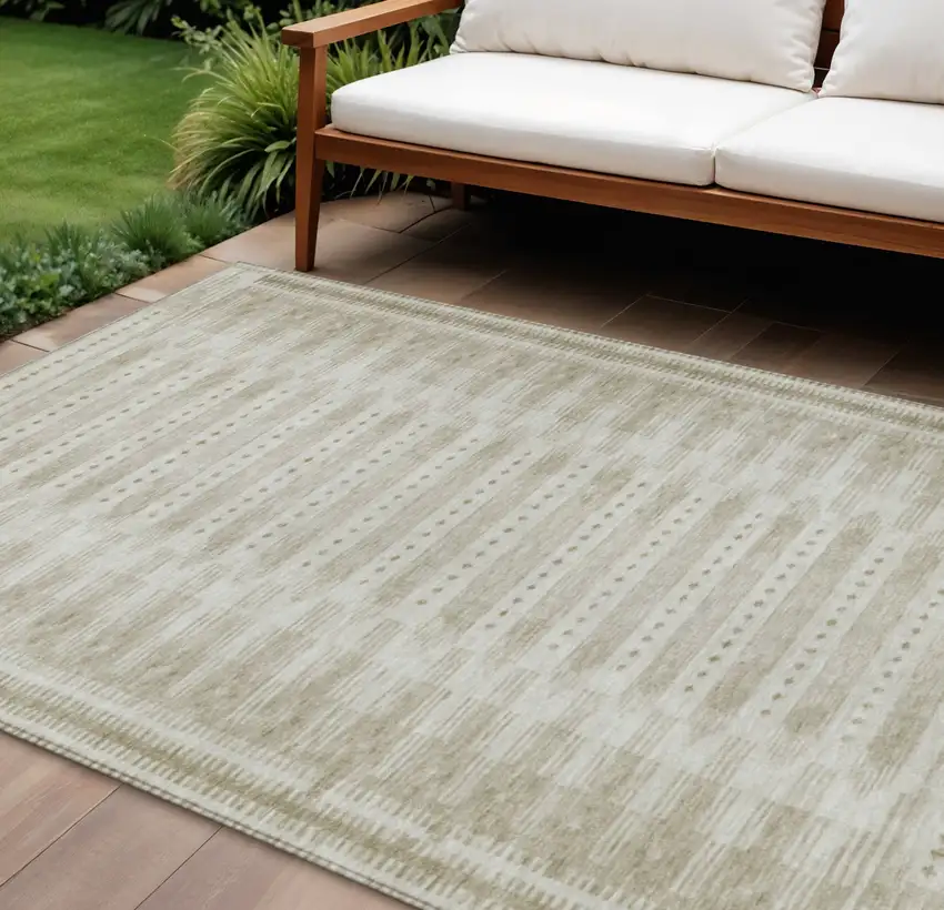 Khaki And Beige Geometric Washable Indoor Outdoor Area Rug Photo 2