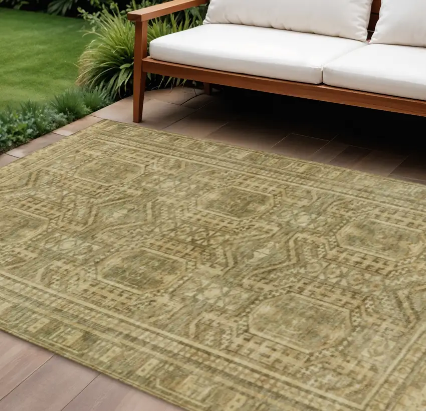 Khaki And Beige Geometric Washable Indoor Outdoor Area Rug Photo 2