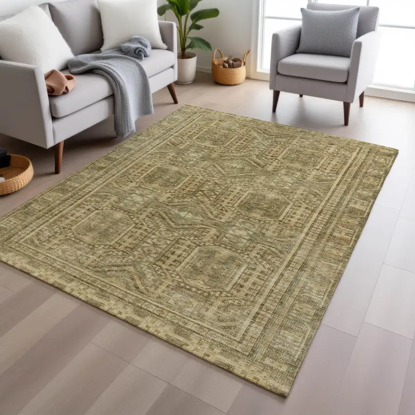 Khaki And Beige Geometric Washable Indoor Outdoor Area Rug Photo 7