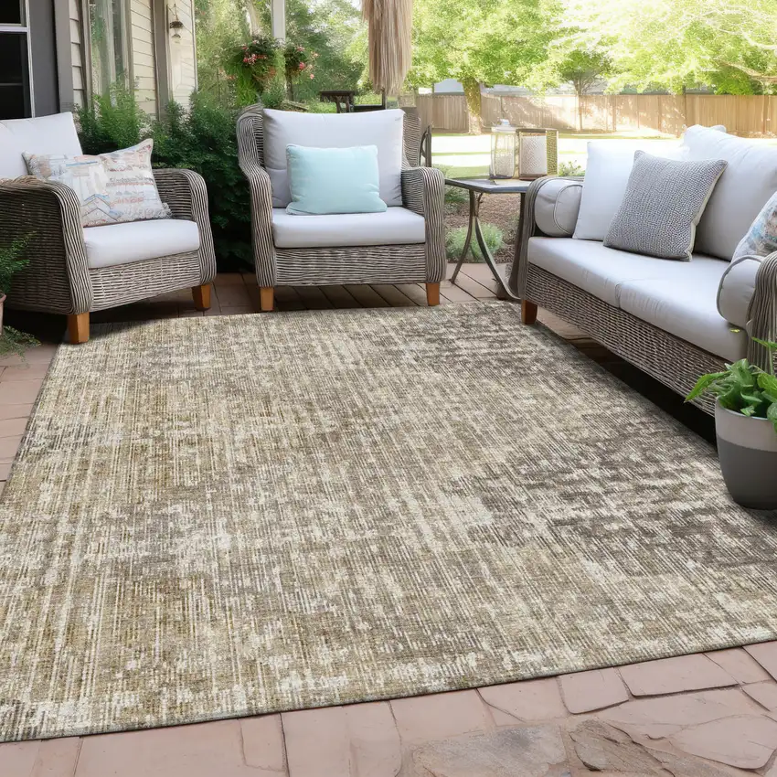 Khaki And Beige Geometric Washable Indoor Outdoor Area Rug Photo 4