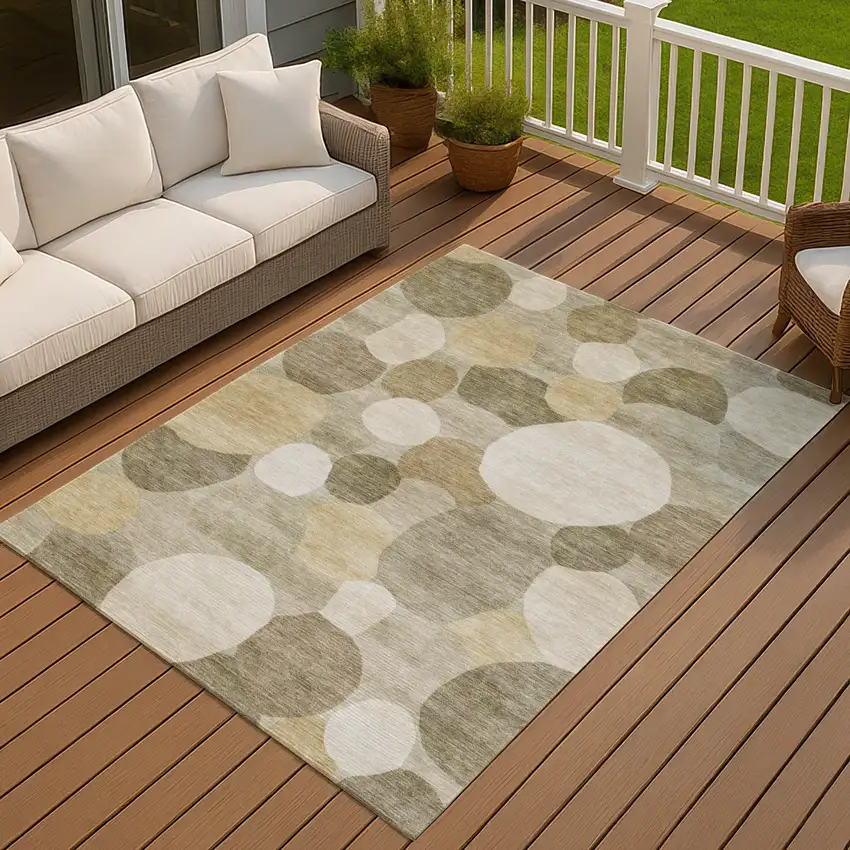 Khaki And Beige Geometric Washable Indoor Outdoor Area Rug Photo 4