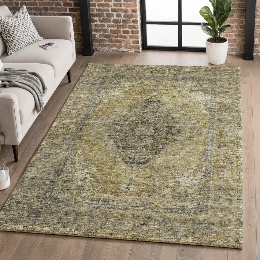 Khaki And Beige Medallion Washable Area Rug With UV Protection Photo 5