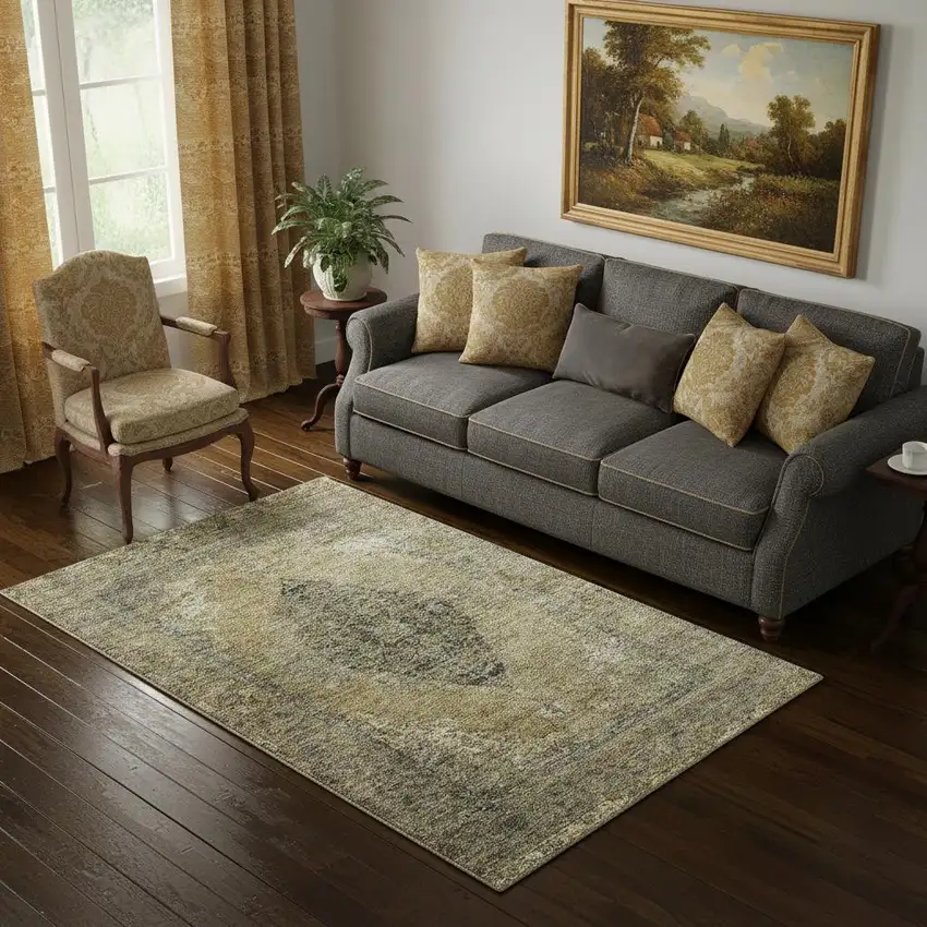 Khaki And Beige Medallion Washable Area Rug With UV Protection Photo 2