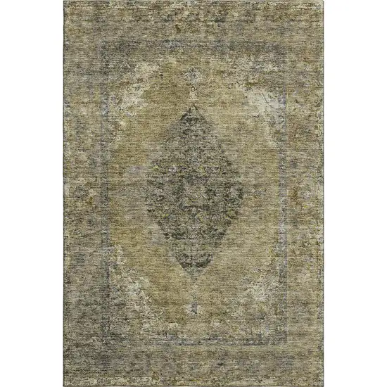 Khaki And Beige Medallion Washable Area Rug With UV Protection Photo 1