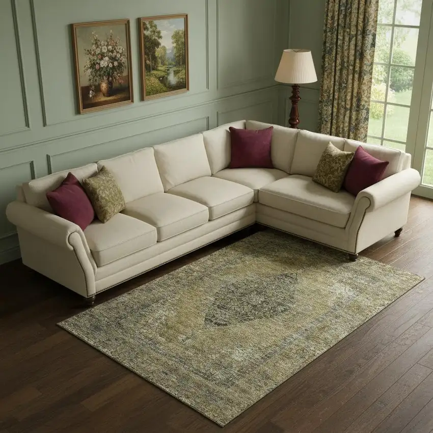 Khaki And Beige Medallion Washable Area Rug With UV Protection Photo 2