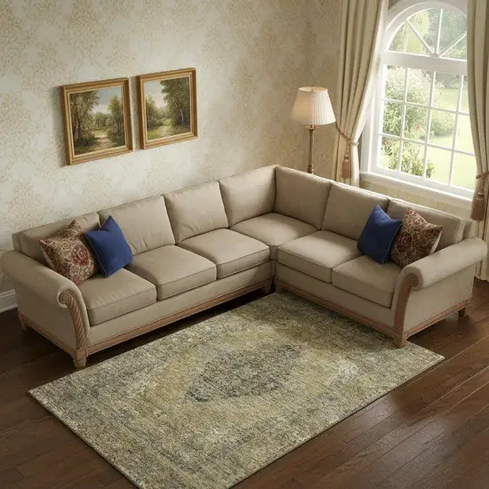 Khaki And Beige Medallion Washable Area Rug With UV Protection Photo 2