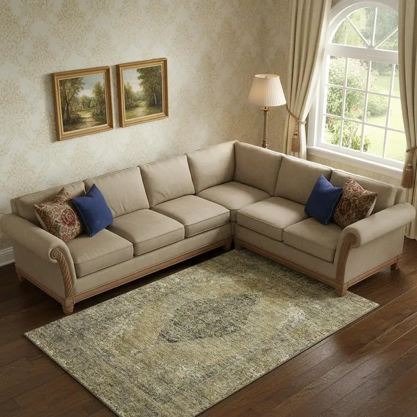 Khaki And Beige Medallion Washable Area Rug With UV Protection Photo 2