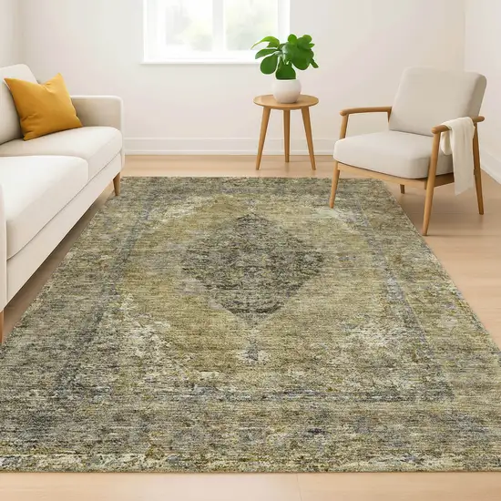 Khaki And Beige Medallion Washable Area Rug With UV Protection Photo 5