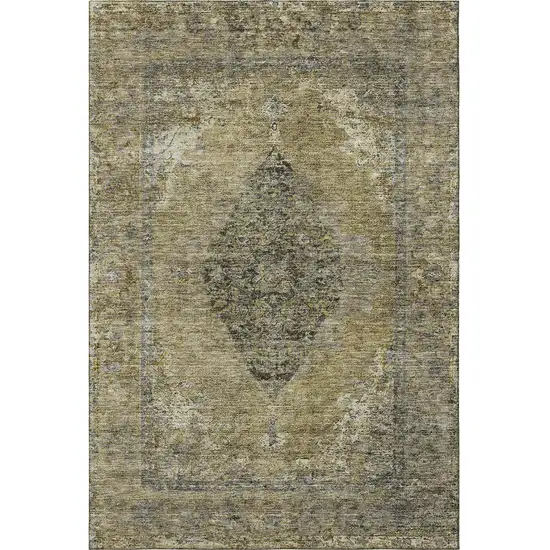 Khaki And Beige Medallion Washable Area Rug With UV Protection Photo 3