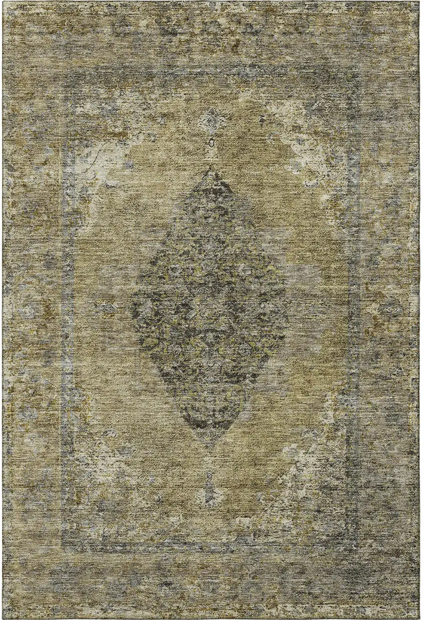 Khaki And Beige Medallion Washable Area Rug With UV Protection Photo 3