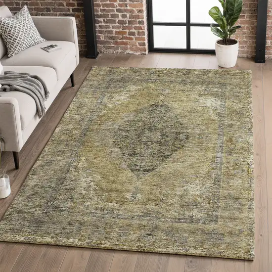 Khaki And Beige Medallion Washable Area Rug With UV Protection Photo 4