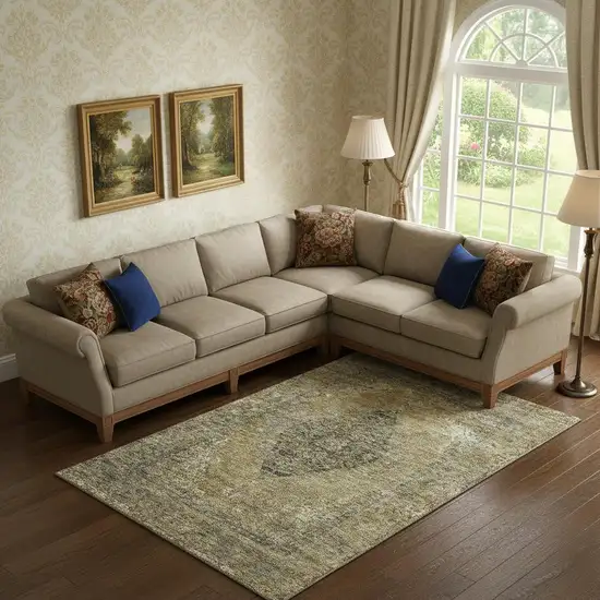 Khaki And Beige Medallion Washable Area Rug With UV Protection Photo 2