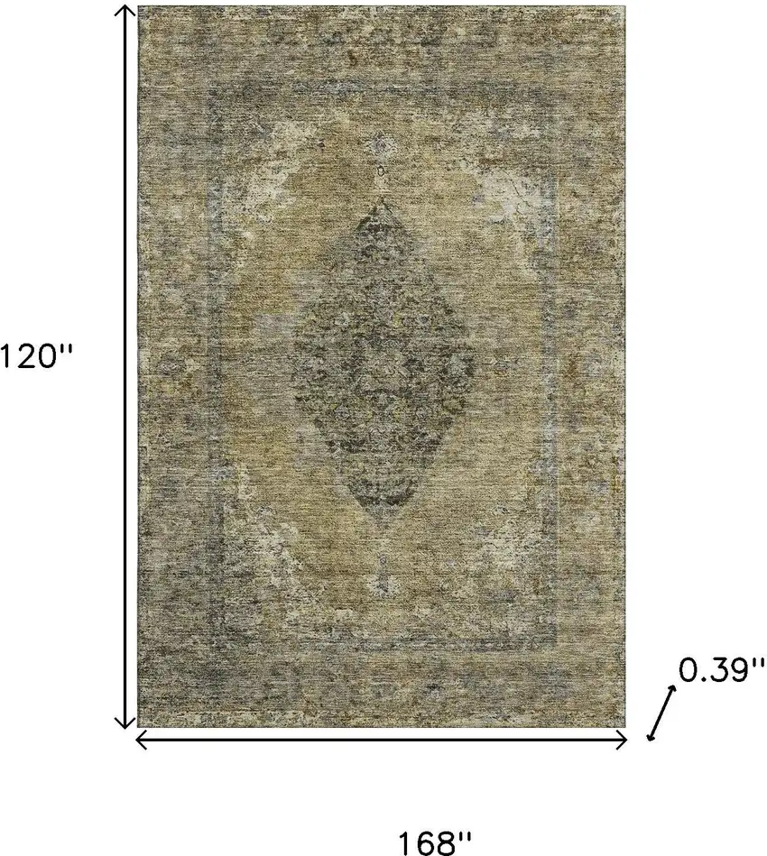 Khaki And Beige Medallion Washable Area Rug With UV Protection Photo 9