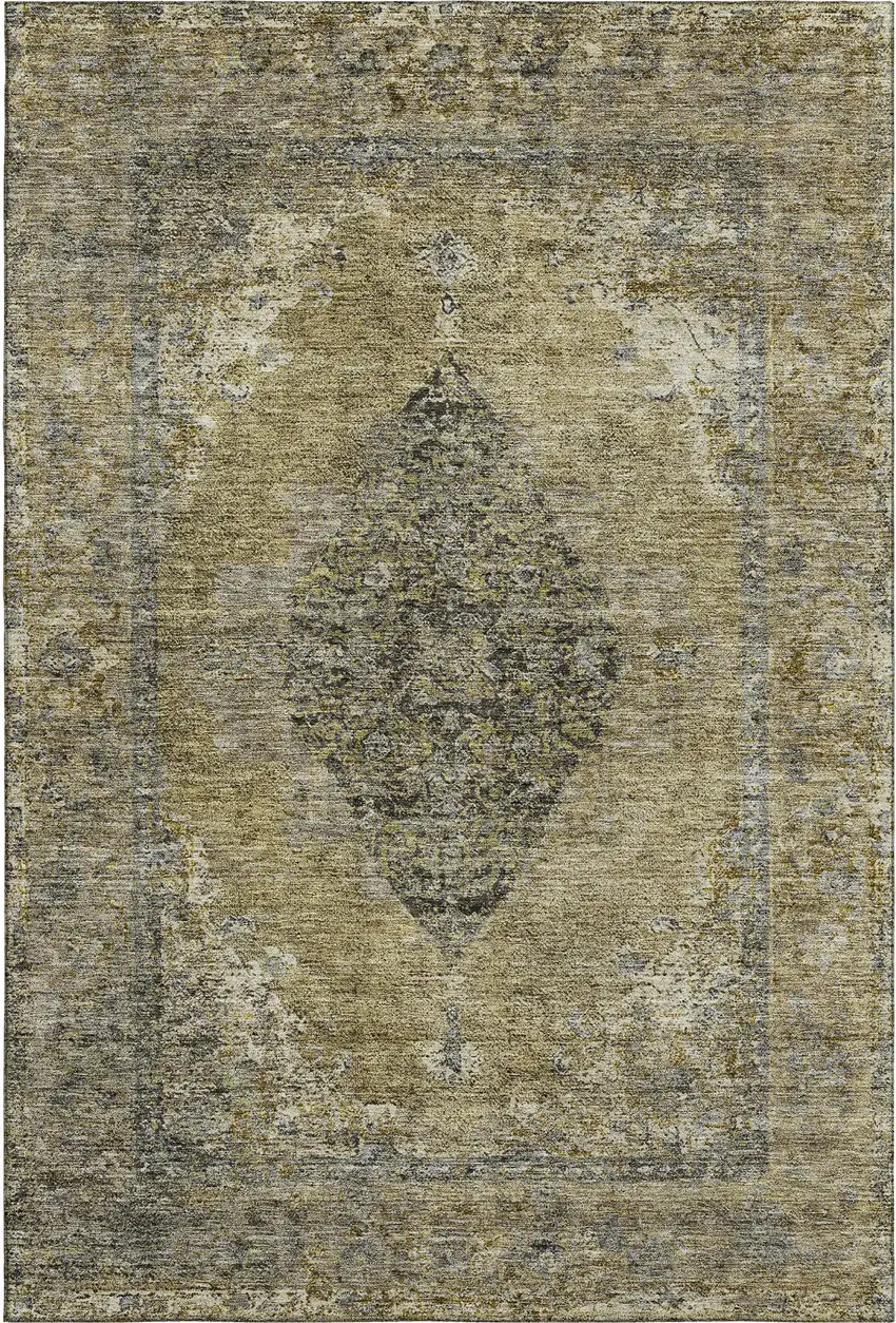 Khaki And Beige Medallion Washable Area Rug With UV Protection Photo 1
