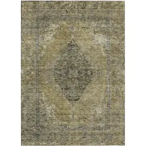 Photo of Khaki And Beige Medallion Washable Indoor Outdoor Area Rug