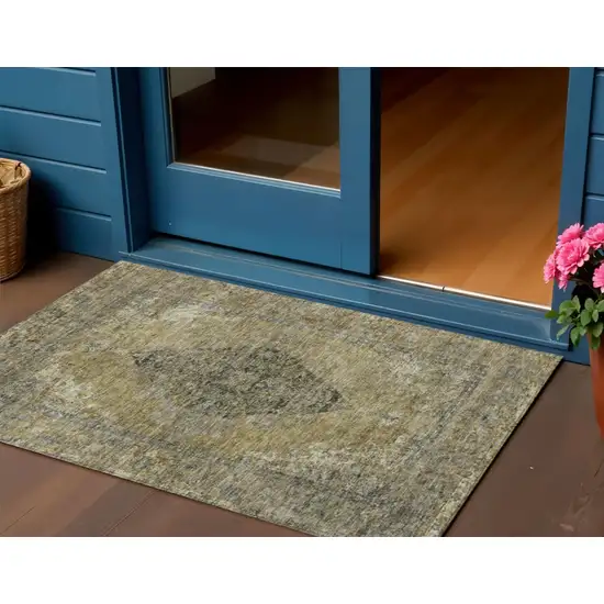 Khaki And Beige Medallion Washable Indoor Outdoor Area Rug Photo 2