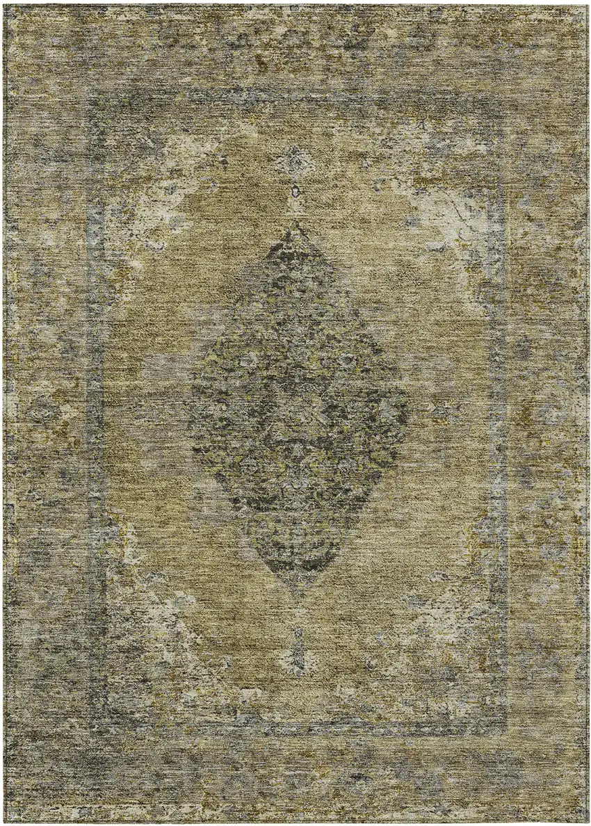 Khaki And Beige Medallion Washable Indoor Outdoor Area Rug Photo 1