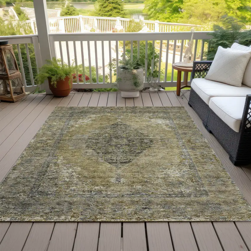 Khaki And Beige Medallion Washable Indoor Outdoor Area Rug Photo 8