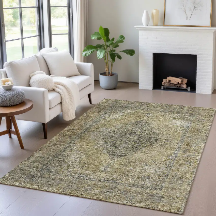 Khaki And Beige Medallion Washable Indoor Outdoor Area Rug Photo 6
