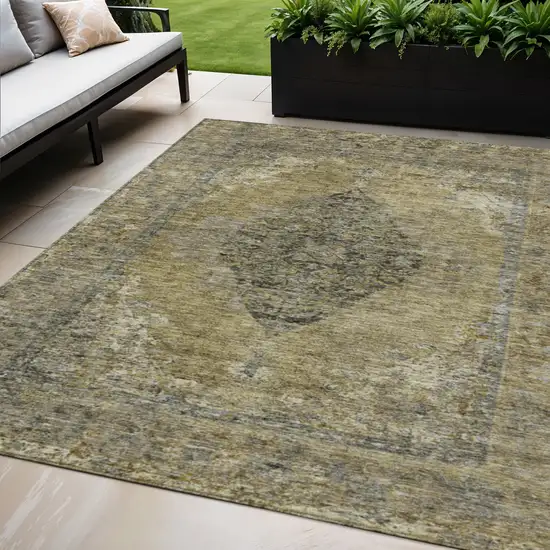 Khaki And Beige Medallion Washable Indoor Outdoor Area Rug Photo 2