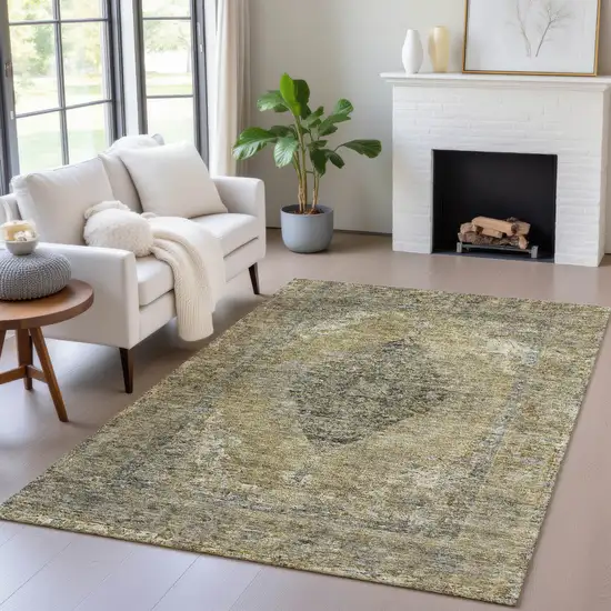 Khaki And Beige Medallion Washable Indoor Outdoor Area Rug Photo 6