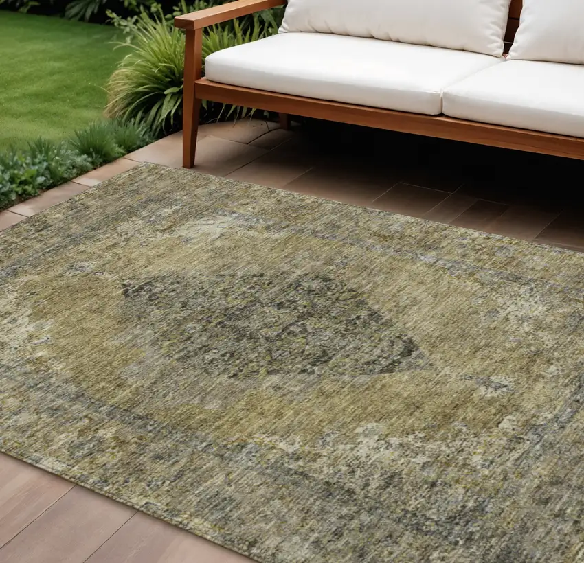 Khaki And Beige Medallion Washable Indoor Outdoor Area Rug Photo 2