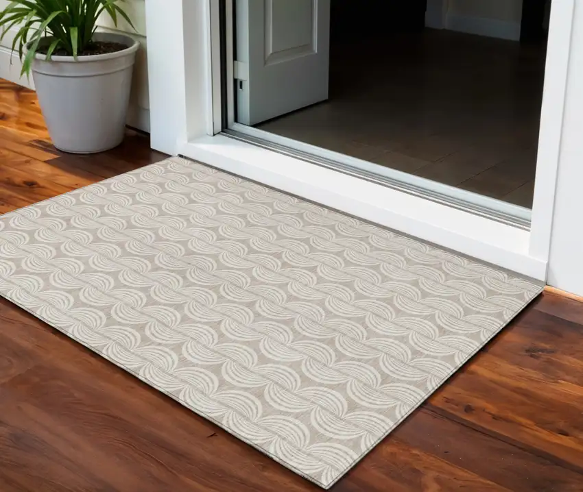 Khaki And Beige Ogee Washable Indoor Outdoor Area Rug Photo 1