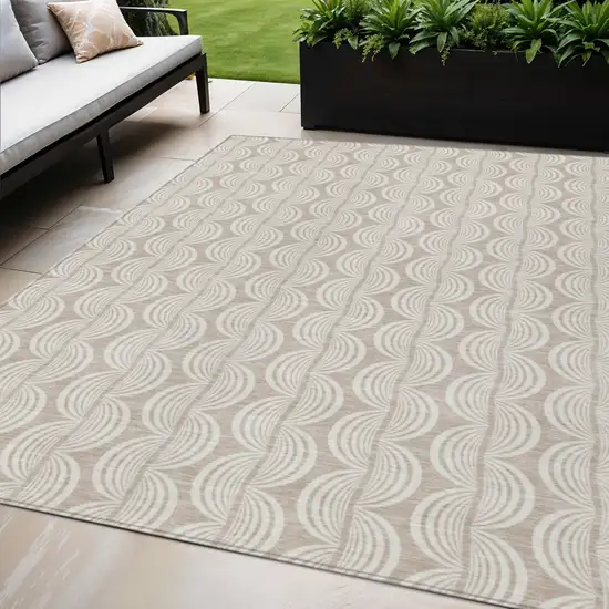 Khaki And Beige Ogee Washable Indoor Outdoor Area Rug Photo 1