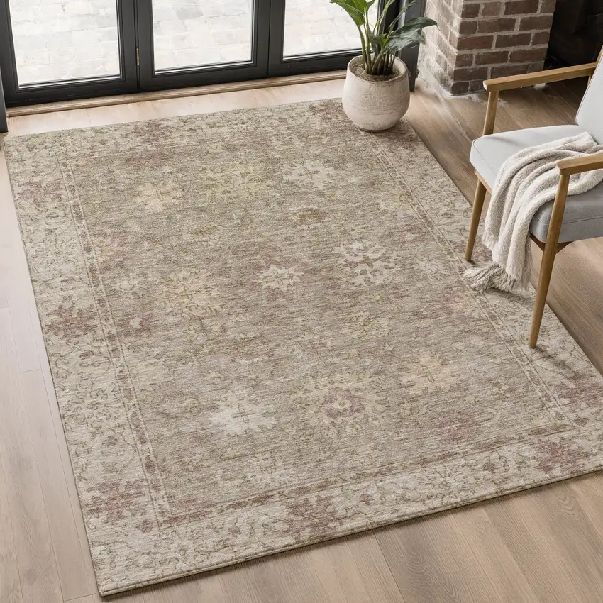 Khaki And Beige Oriental Washable Area Rug With UV Protection Photo 5