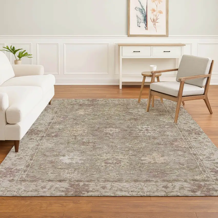 Khaki And Beige Oriental Washable Area Rug With UV Protection Photo 6