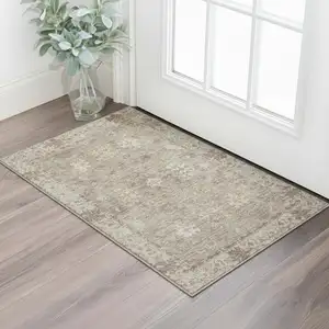 Photo of Khaki And Beige Oriental Washable Area Rug With UV Protection