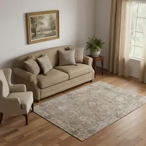 Photo of Khaki And Beige Oriental Washable Area Rug With UV Protection