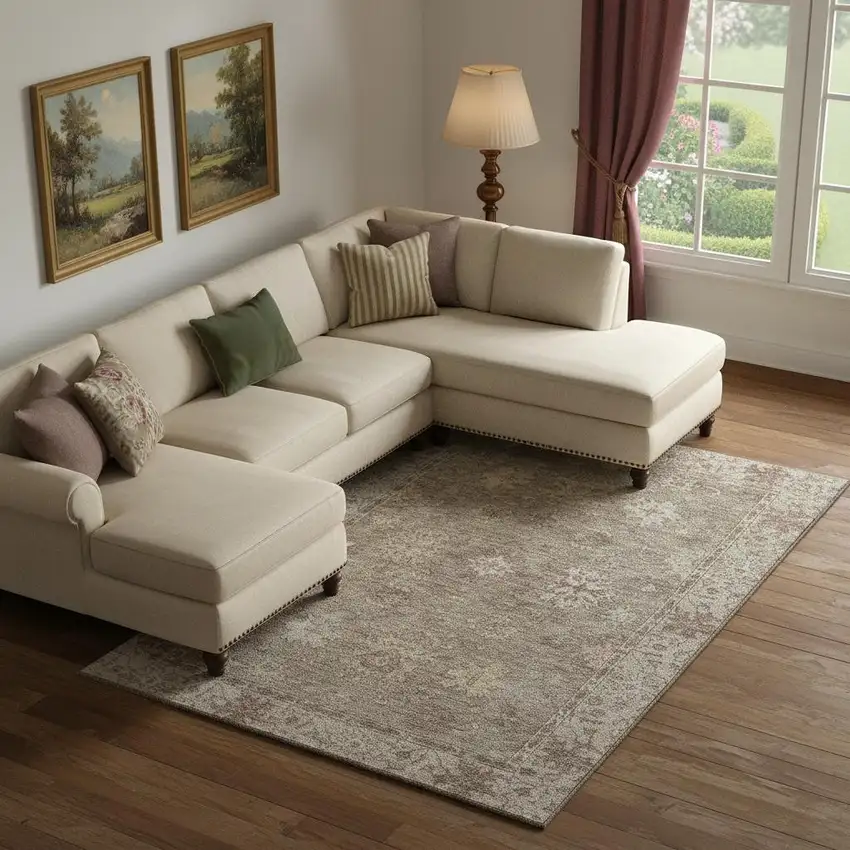 Khaki And Beige Oriental Washable Area Rug With UV Protection Photo 2