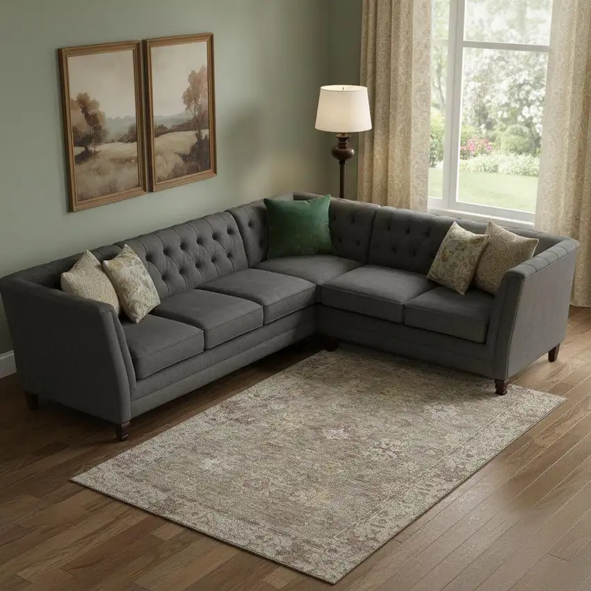 Khaki And Beige Oriental Washable Area Rug With UV Protection Photo 2