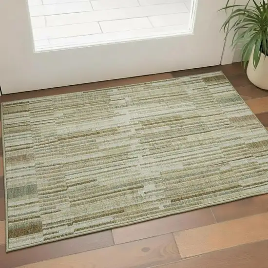 Khaki And Beige Striped Washable Area Rug With UV Protection Photo 2