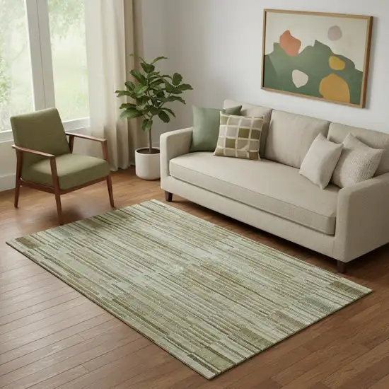 Khaki And Beige Striped Washable Area Rug With UV Protection Photo 2