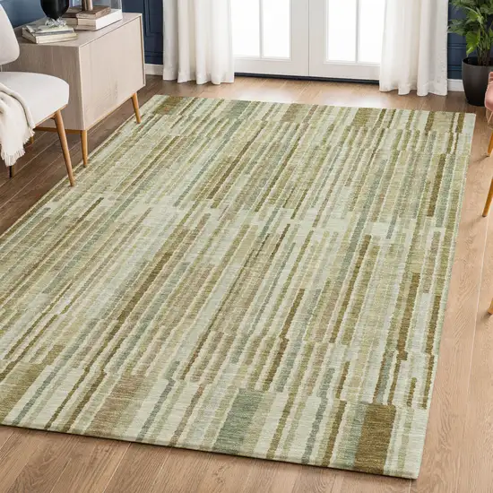 Khaki And Beige Striped Washable Area Rug With UV Protection Photo 5