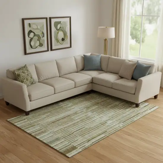 Khaki And Beige Striped Washable Area Rug With UV Protection Photo 2