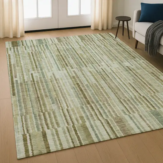 Khaki And Beige Striped Washable Area Rug With UV Protection Photo 4